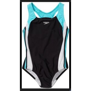 Speedo One Piece Swimsuit Kids Size 7 Black Teal White Good Racerback Sporty